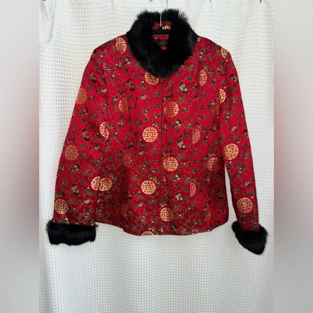 Chinese Silk Blend Jacket Rabbit Fur Collar Red Tailored blazer sz L /US Small - Picture 2 of 14